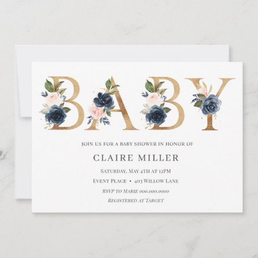 Gouden Bloemen Baby shower uitnodiging (Voorkant)