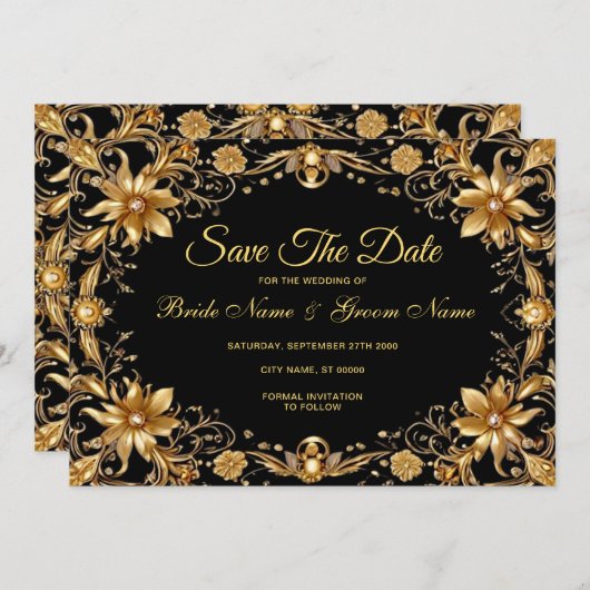 Gouden Bloemen Bewaar de datum Save The Date (Voorkant / Achterkant)