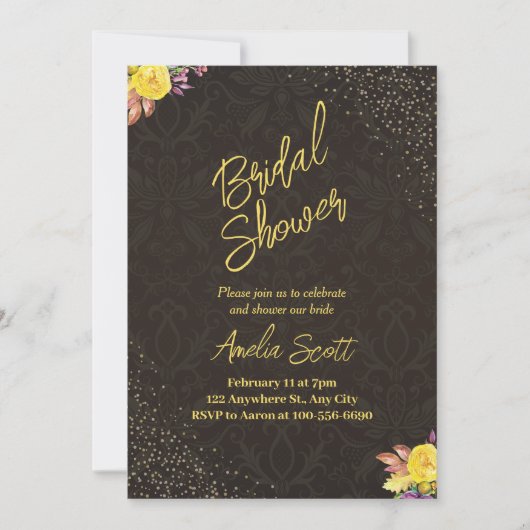 Gouden Bloemen Bruids Douche Uitnodigingen (Voorkant)