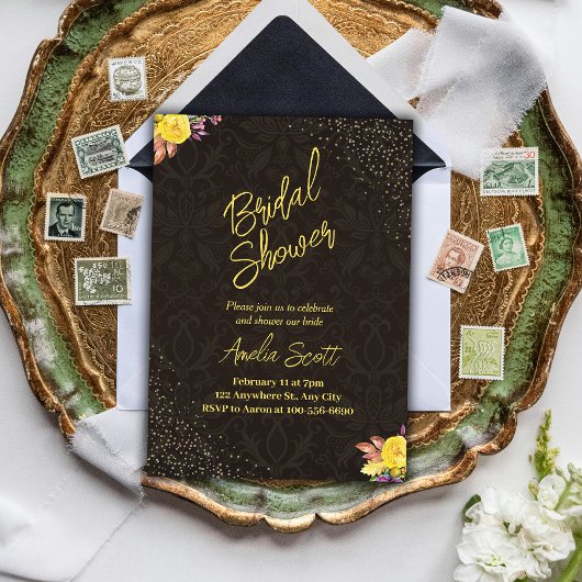 Gouden Bloemen Bruids Douche Uitnodigingen