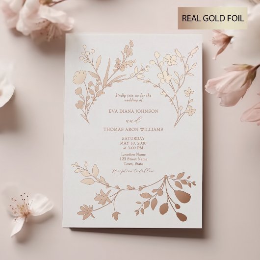 Gouden Bloemen Bruiloft Folie Uitnodiging