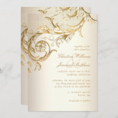  gouden bloemen Damask Elegant Script Wedding Kaart (Voorkant / Achterkant)