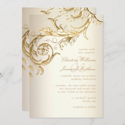  gouden bloemen Damask Elegant Script Wedding Kaart (Voorkant / Achterkant)