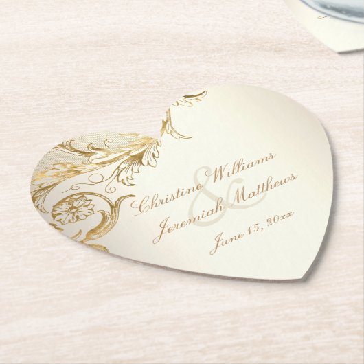  gouden bloemen Damask Elegant Script Wedding Kartonnen Onderzetters (Gekanteld)