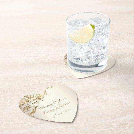  gouden bloemen Damask Elegant Script Wedding Kartonnen Onderzetters (Insitu)