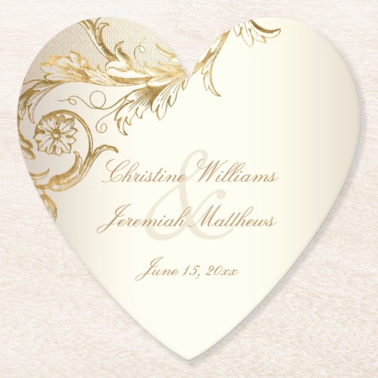 gouden bloemen Damask Elegant Script Wedding Kartonnen Onderzetters (Voorkant)