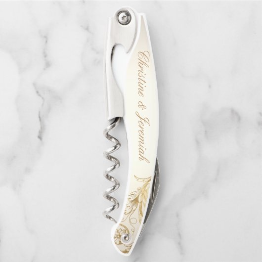  gouden bloemen Damask Elegant Script Wedding Kurkentrekker (Voorkant)