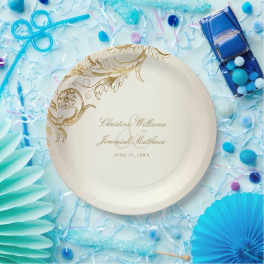  gouden bloemen Damask Elegant Script Wedding Papieren Bordje (Feest)