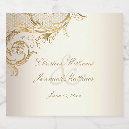  gouden bloemen Damask Elegant Script Wedding Sparkling Wijnetiket (Enkel label)