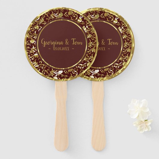 Gouden Bloemen Damask- Save the Date Handwaaier (Voorkant en achterkant)