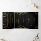 Gouden bloemen decoratie, zwarte bruiloft drieluik uitnodiging (Binnen)