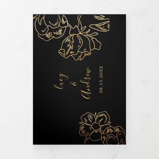 Gouden bloemen decoratie, zwarte bruiloft drieluik uitnodiging (Cover)