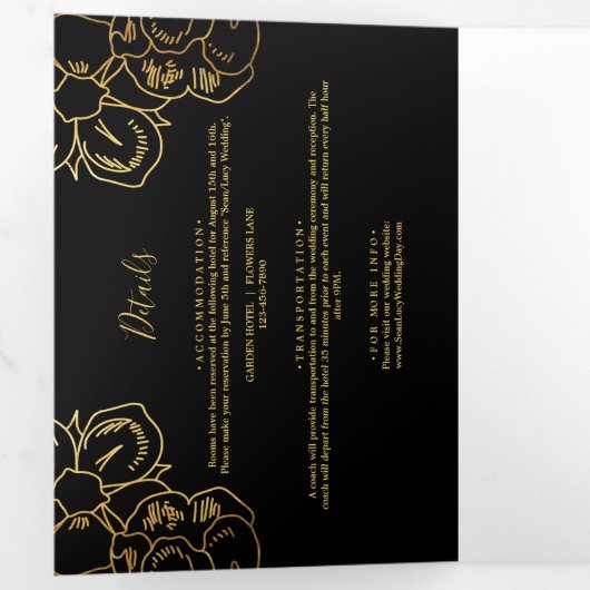 Gouden bloemen decoratie, zwarte bruiloft drieluik uitnodiging (Binnenzijde eerst)
