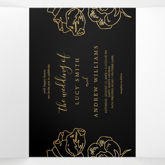 Gouden bloemen decoratie, zwarte bruiloft drieluik uitnodiging (Binnenkant midden)