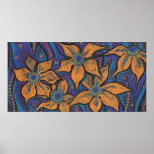 Gouden bloemen, decoratief pastelschilderij, bloem poster