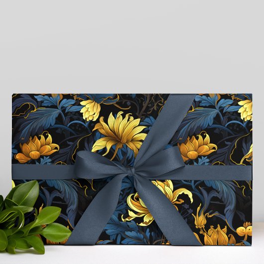 Gouden Bloemen Donkerblauw Bladeren Zwarte Achterg Cadeaupapier
