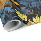 Gouden Bloemen Donkerblauw Bladeren Zwarte Achterg Cadeaupapier (Rol Hoek)
