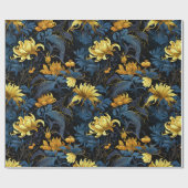 Gouden Bloemen Donkerblauw Bladeren Zwarte Achterg Cadeaupapier (Vlak)