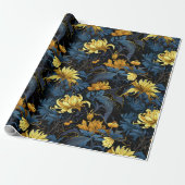 Gouden Bloemen Donkerblauw Bladeren Zwarte Achterg Cadeaupapier (Uitgerold)