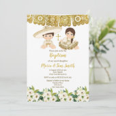 Gouden Bloemen Doop Fiesta Tweeling Uitnodiging (Staand voorkant)