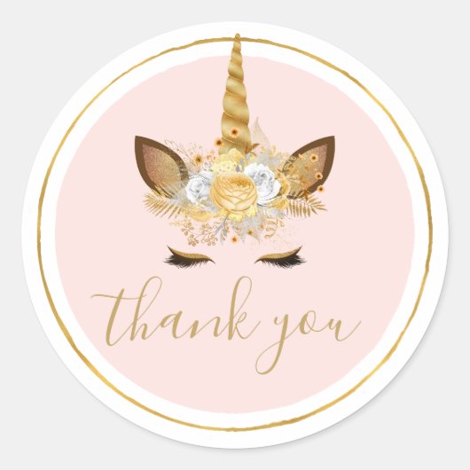 Gouden Bloemen Eenhoorn Dank u Ronde Sticker (Voorkant)