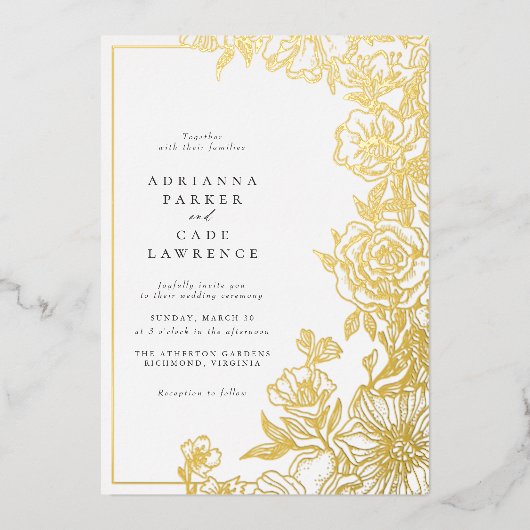 Gouden Bloemen | Elegant Tuin Bruiloft Folie Uitnodiging (Voorkant)