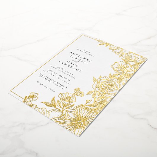 Gouden Bloemen | Elegant Tuin Bruiloft Folie Uitnodiging (Gedraaid)