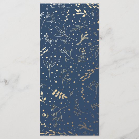 Gouden Bloemen Elegante Navy Blue bruiloft menukaa Menu (Achterkant)