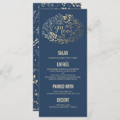 Gouden Bloemen Elegante Navy Blue bruiloft menukaa Menu (Voorkant / Achterkant)