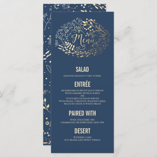 Gouden Bloemen Elegante Navy Blue bruiloft menukaa Menu (Voorkant / Achterkant)
