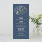 Gouden Bloemen Elegante Navy Blue bruiloft menukaa Menu (Staand voorkant)