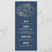 Gouden Bloemen Elegante Navy Blue bruiloft menukaa Menu (Voorkant)