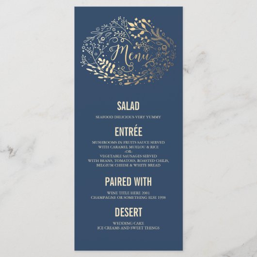 Gouden Bloemen Elegante Navy Blue bruiloft menukaa Menu (Voorkant)