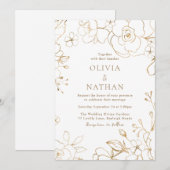 Gouden Bloemen Elegante Witte Huwelijk Kaart (Voorkant / Achterkant)
