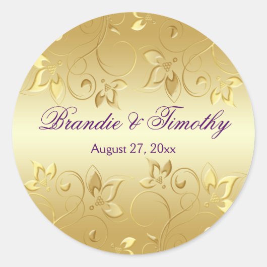 Gouden Bloemen en Paarse 1,5"Ronde Sticker (Voorkant)