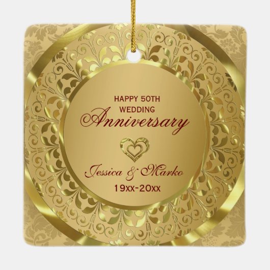 Gouden Bloemen en Ring 50e bruiloft Jubileum Keramisch Ornament (Achterkant)