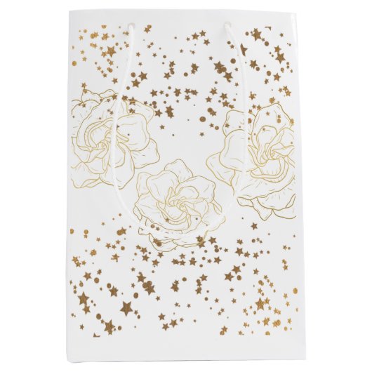 Gouden bloemen en sterrenstof medium cadeauzakje (Voorkant)