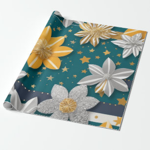 Gouden bloemen en zilveren sterren levendige achte cadeaupapier