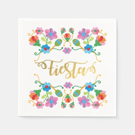 Gouden Bloemen Fiesta Mexicaanse Borduurwerk serve Servetten (Voorkant)