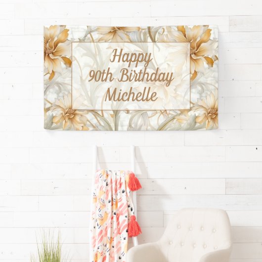 Gouden Bloemen Gelukkige 90ste Verjaardag Spandoek (Insitu)