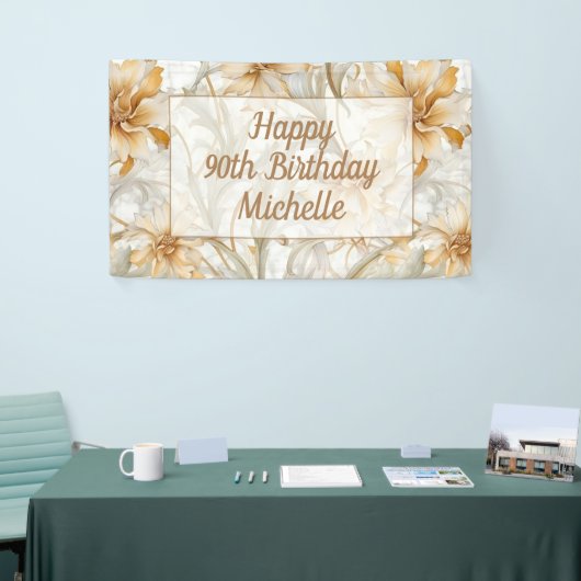 Gouden Bloemen Gelukkige 90ste Verjaardag Spandoek (Beurs)