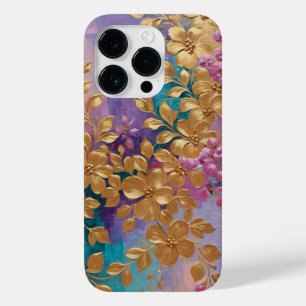 Gouden bloemen geschilderd op roze Lila turkoois Case-Mate iPhone 14 Pro Hoesje
