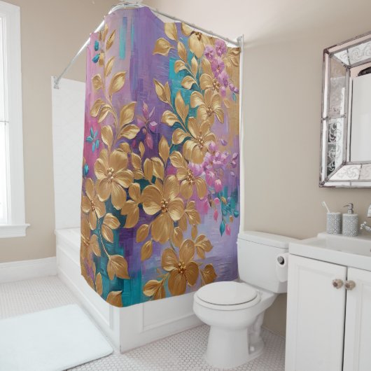 Gouden bloemen geschilderd op roze Lila turkoois Douchegordijn (In situ)