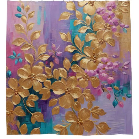 Gouden bloemen geschilderd op roze Lila turkoois Douchegordijn (Voorkant)