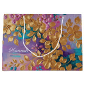 Gouden bloemen geschilderd op roze Lila turkoois Groot Cadeauzakje (Voorkant)