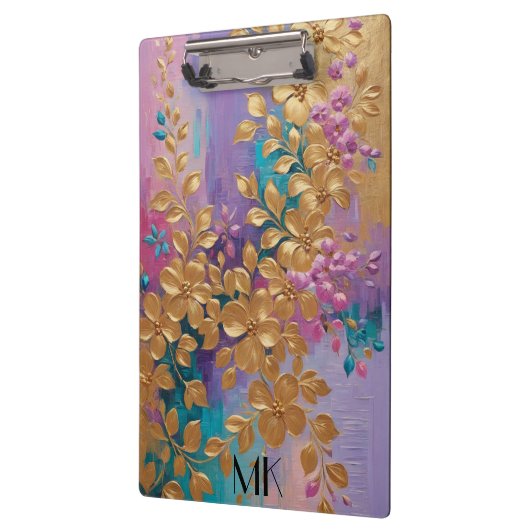 Gouden bloemen geschilderd op roze Lila turkoois Klembord (Links)