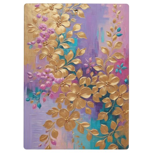 Gouden bloemen geschilderd op roze Lila turkoois Klembord (Achterkant)