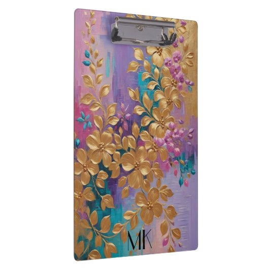 Gouden bloemen geschilderd op roze Lila turkoois Klembord (Rechts)