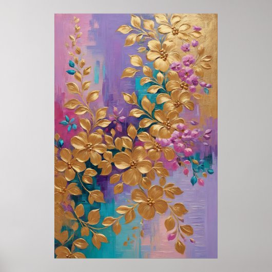 Gouden bloemen geschilderd op roze Lila turkoois Poster (Voorkant)