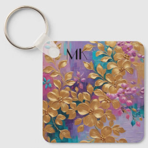 Gouden bloemen geschilderd op roze Lila turkoois Sleutelhanger